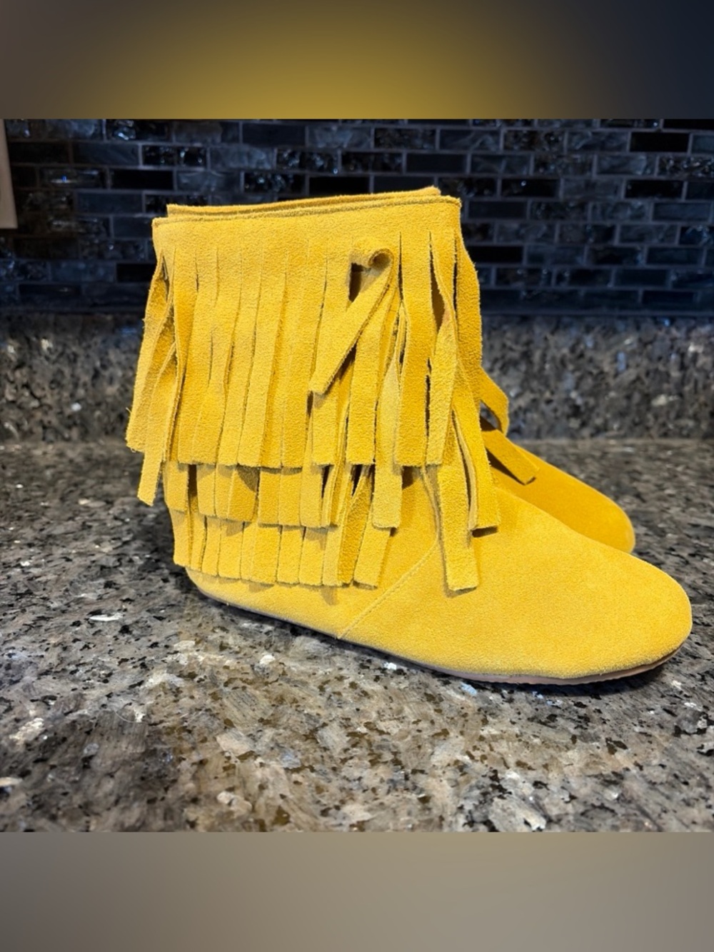 Monkey Feet New Fringe Suede Yellow Zip Heel Round Toe Kids 6-7Y Boho